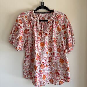 Knox Rose Peasant Floral Blouse Pink Orange Linen Blend Short Sleeve Sz L